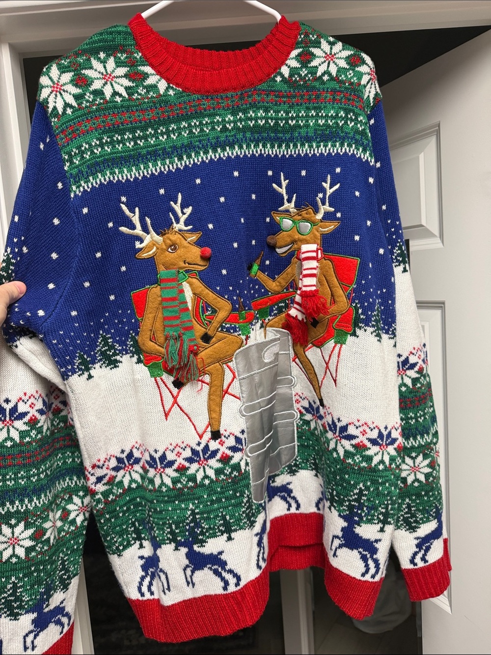 Ugly Holiday Reindeer Knit Sweater - Festive Blue, Green & Red 2XL
